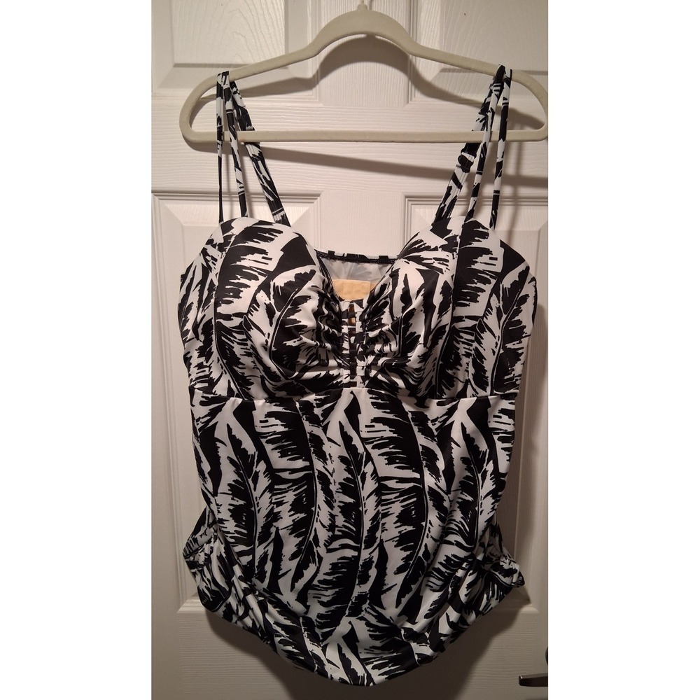 Woman's Cacique Lightly Lined Balconette Black/White Feather Tankini Top 44 DDD